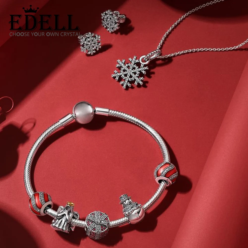 

EDELL 100% 925 Sterling Silver 1:1 Christmas Winter Snowflake Stud Earrings Necklace Charm Snowman Gift Beaded Bracelet Set