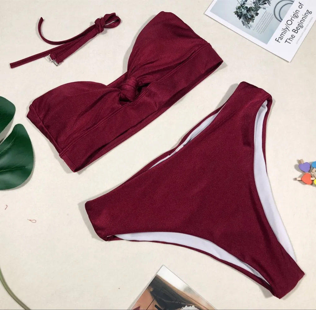 Женский купальник с высокой талией FALLINDOLL однотонное бикини пуш апом и завязками