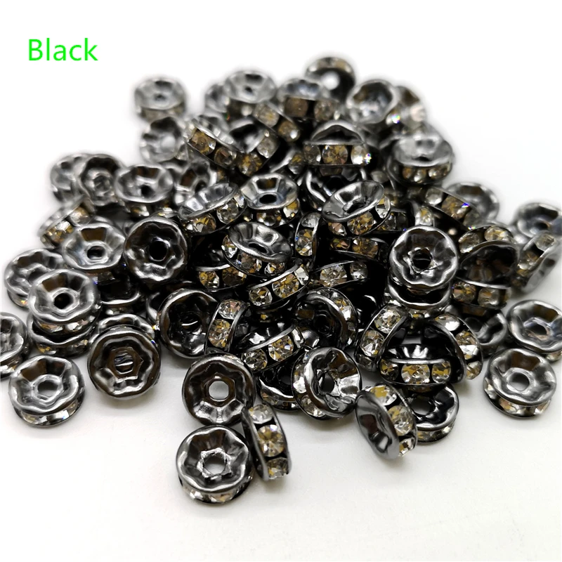 

5/8/10mm 50pcs Black Rhinestone Rondelles Loose Spacer Beads Metal Crystal Beads for Jewelry Making DIY Accessories