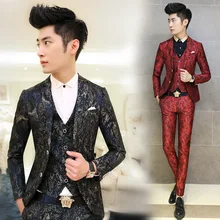2017 Fashion Men Suit Floral Printed Men’s Suits 3 PCS / Set Korean Terno Slim Fit Wedding Prom Blazer Stage Clothing for Men