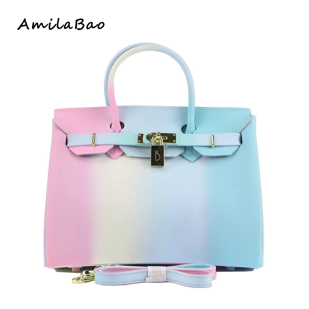 

bolsa feminina PVC Silicone jelly handbags luxury handbags women bags designer rainbow bags Valentine's Day scarf lock ME759-1