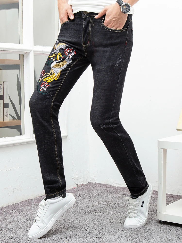 HAYBLST бренд горячая распродажа джинсы мужские 2019 четыре сезона Мода Вышивка Повседневная Мужская Уличная Лоскутная карманная черная Homme