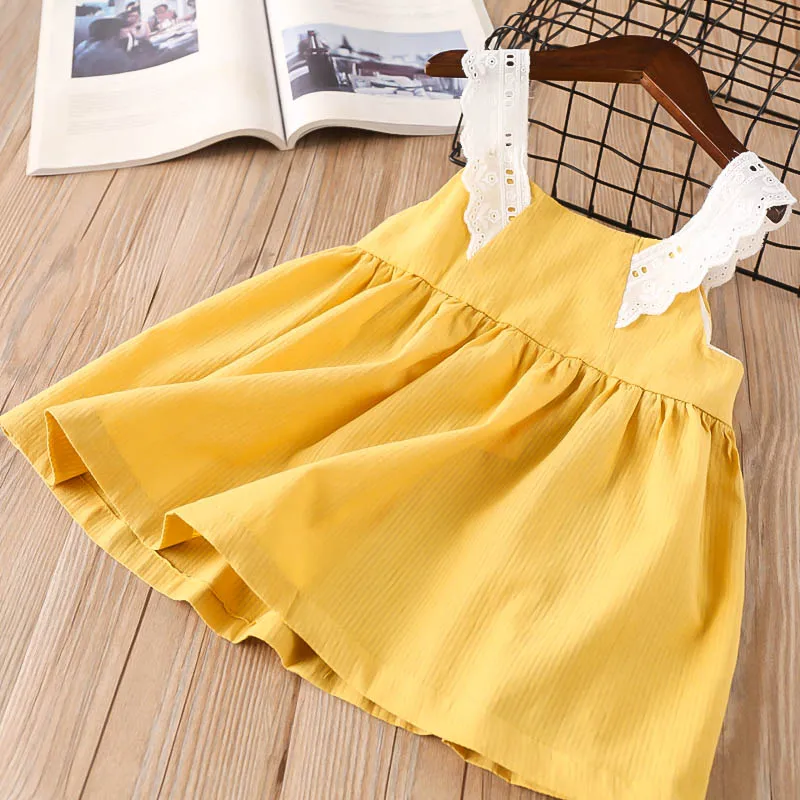 

Hurave cotton causal camis dress hot sale summer Baby Girls solid lace Dress Clothes Children Sleeveless Kids button Dresses
