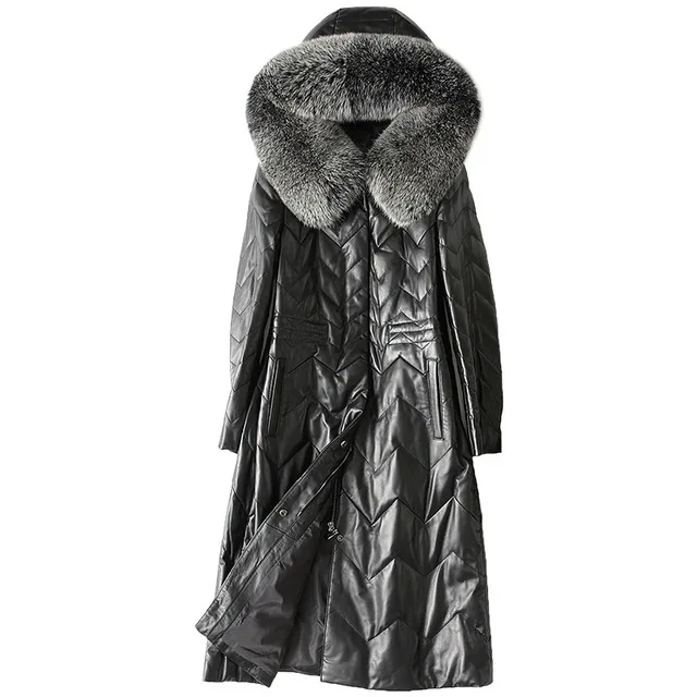Превосходного качества подлинный кожаный пуховик для женщин зимнее длинное пальто из овчины женское натуральное лисьего меха с капюшоном размера плюс 4XL - Цвет: Silver fox collar