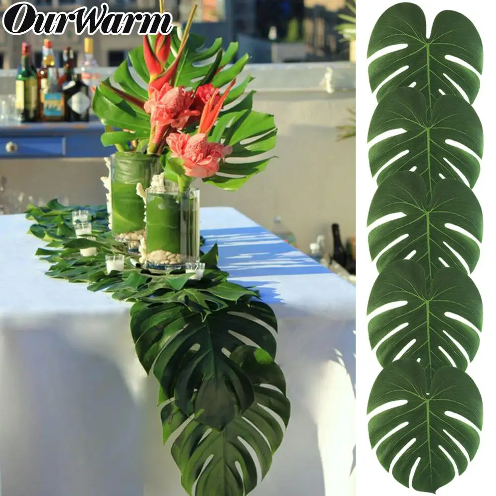 

OurWarm Hawaiian Party Supplies 60Pcs Artificial Tropical Palm Leaf Wedding Placemat Table Decor Jungle Beach Theme Decorations