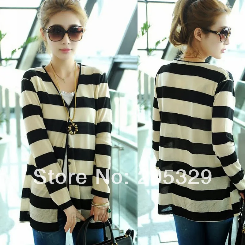 Stylish Long Sleeve Striped V Neck Womens Cardigan Knit Tops Outerwear Sweater Knitwear Thin