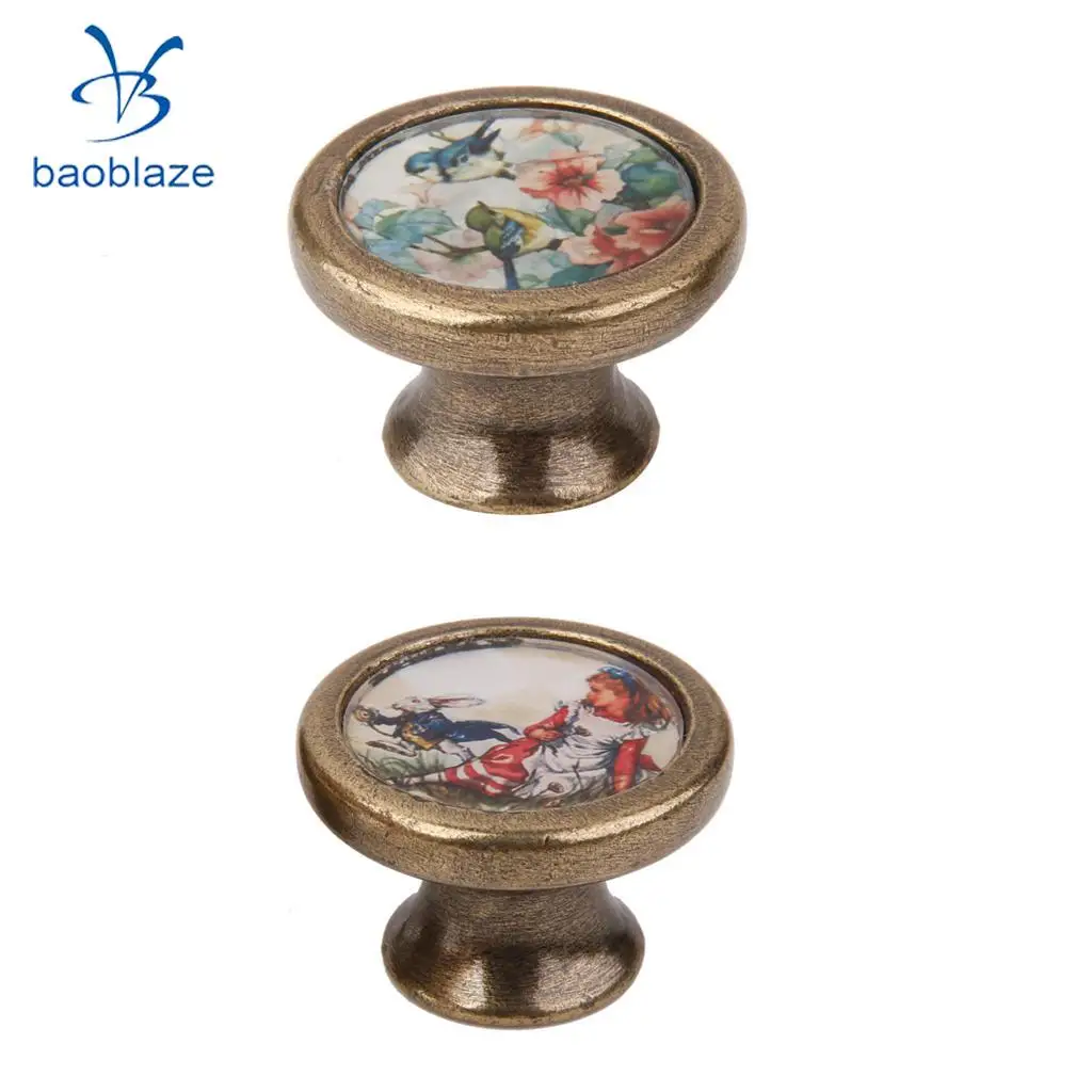 2 Pieces Vintage Retro Brass Round Cabinet Door Drawer Closet Dresser Pulls Handle Knobs with Screws Rabbit Girl + Birds Flower