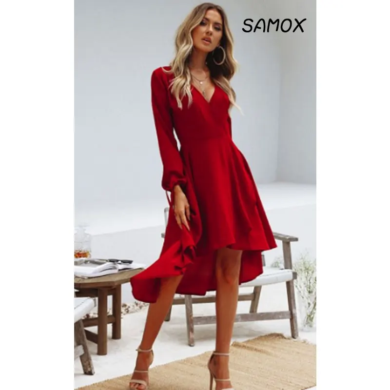 

JSMY 2019 New Tuxedo Dress Summer Fashion Women Long Sleeve V-neck Chiffon Drawstring Irregular