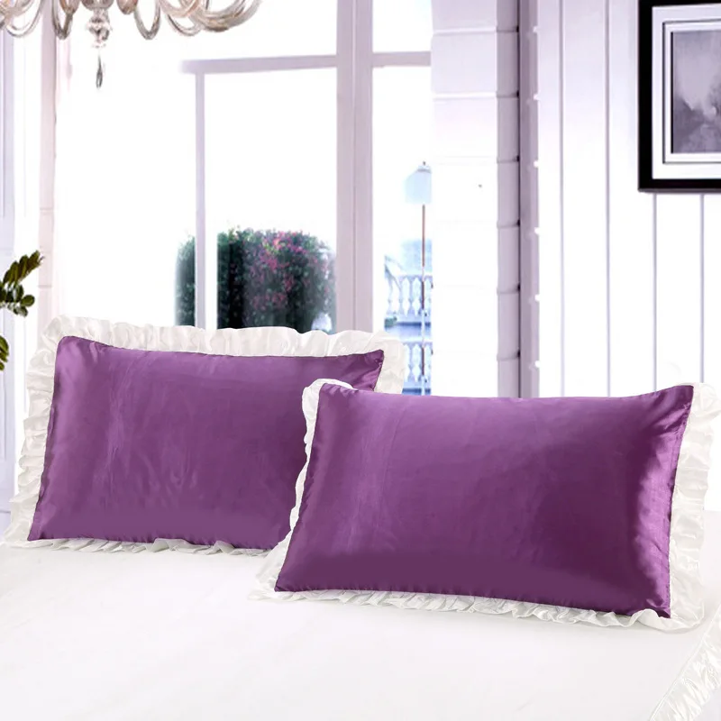 Purple blue luxury Silk Pillowcase lace Solid Pillow Case Cover Silk