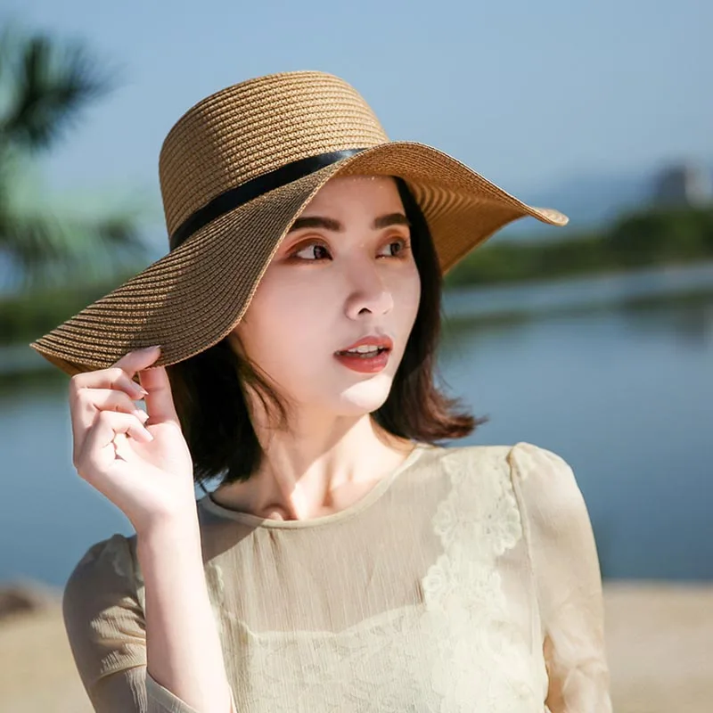 Новая мода Круглый топ рафия широкие поля, из соломы шляпы летние солнечные шляпы для женщин с отдыха пляжные шляпы Дамский подарок