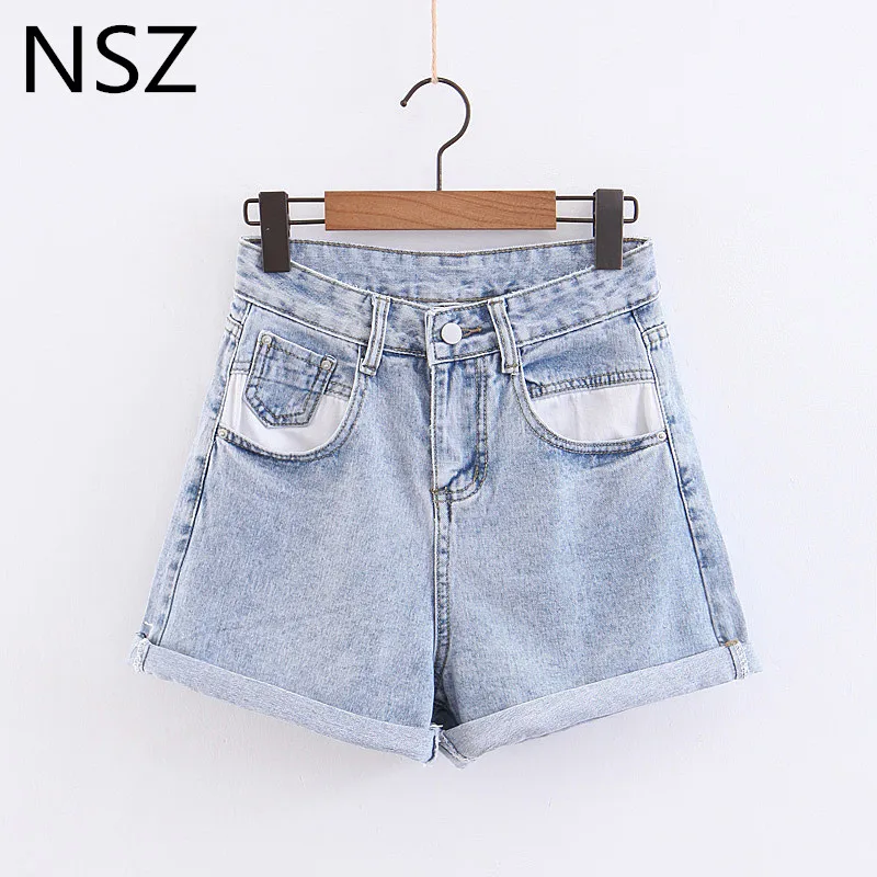 NSZ женские джинсовые шорты с высокой талией, летние джинсовые шорты с карманами на молнии - Цвет: Небесно-голубой