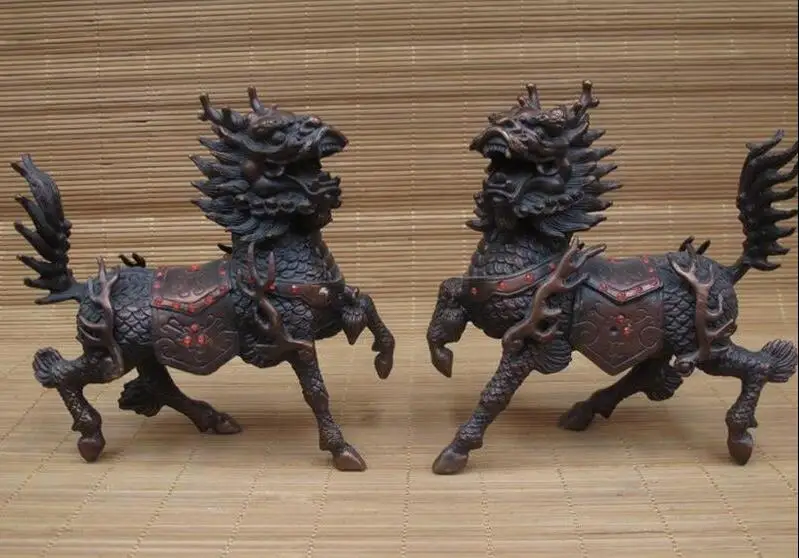 Chinese Royal Feng Shui Red Bronze Foo Dog Lion Dragon Kilin Kylin Kirin Pair | Дом и сад