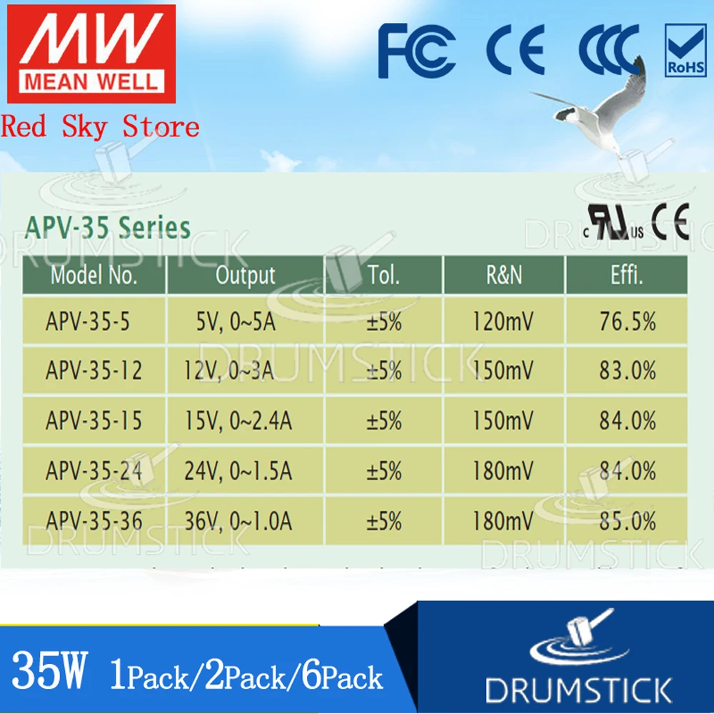 (2 упаковки) Meanwell 35 Вт источник питания APV 12V/5/15/24/26 1/1. 5A 2 4/3/5a DC Дисплей светодиодная