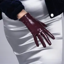 21 см, лакированные кожаные перчатки, Короткая секция, имитирующая кожу, зеркальные, яркие, винно-красные, темно-красные, фиолетовые, красные, женские, WPU90