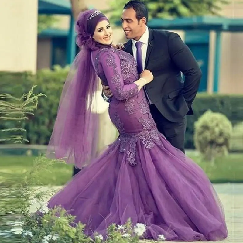 Turkish Islamic Muslim Evening Dress with font b Hijab b font Long Sleeve Purple Lace Plus