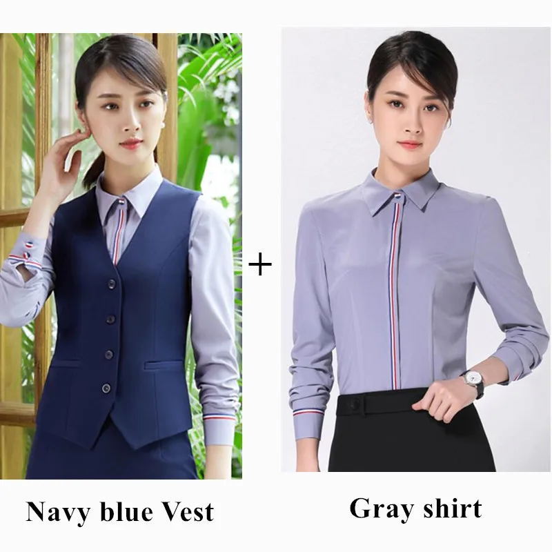 Blue vest and shirt Модные деловые женские топы, рабочая одежда, Униформа, тонкий v-образный вырез, формальный офисный женский жилет, летняя одежда - Цвет: Blue vest and shirt