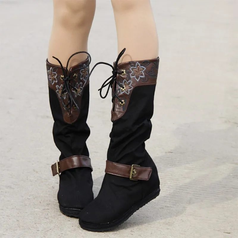 

VOGELLIA Vintage Embroidery Boots Chinese Style Floral Knee Boots Stitching Cloth High Quality Autumn Winter Lace Up Woman Shoes