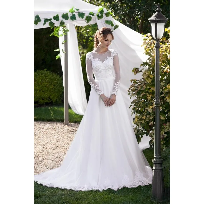 

2019 Bridal Gown Lace Appliques Cheap Lace Sheer Long Sleeves Wedding Dress White/ ivory Romantic Bridal Gown
