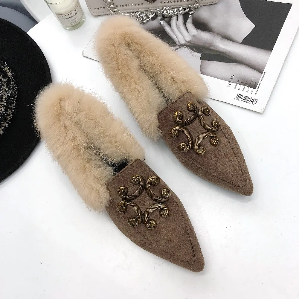 

Kjstyrka 2018 Autumn fashion comfortable winter pumps Pointed Toe Fur Plush women shoes Med Square Heel Office Ladies Pumps