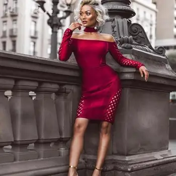 

2018 Sexy Slash Neck Bandage Dress New Fashion Wine Red Hollow Out Long Sleeve Bodycon Celebrity Evening Party Dresses Vestidos