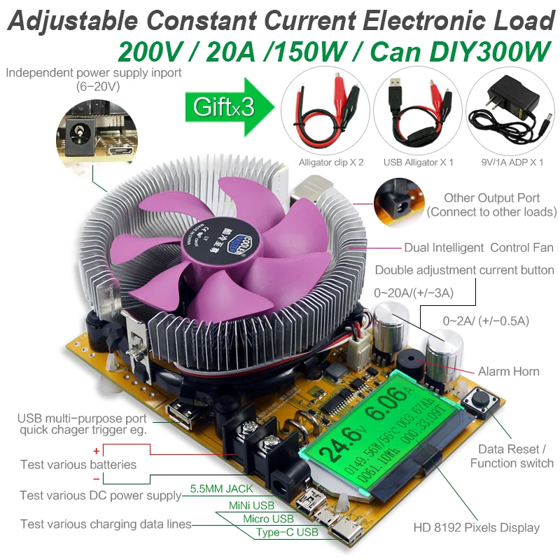 150W Digital battery capacity tester voltmeter adjustable constant current electronic load charger usb ameter meter indicator battery tester digital voltmeter digital current meter electronic load tester