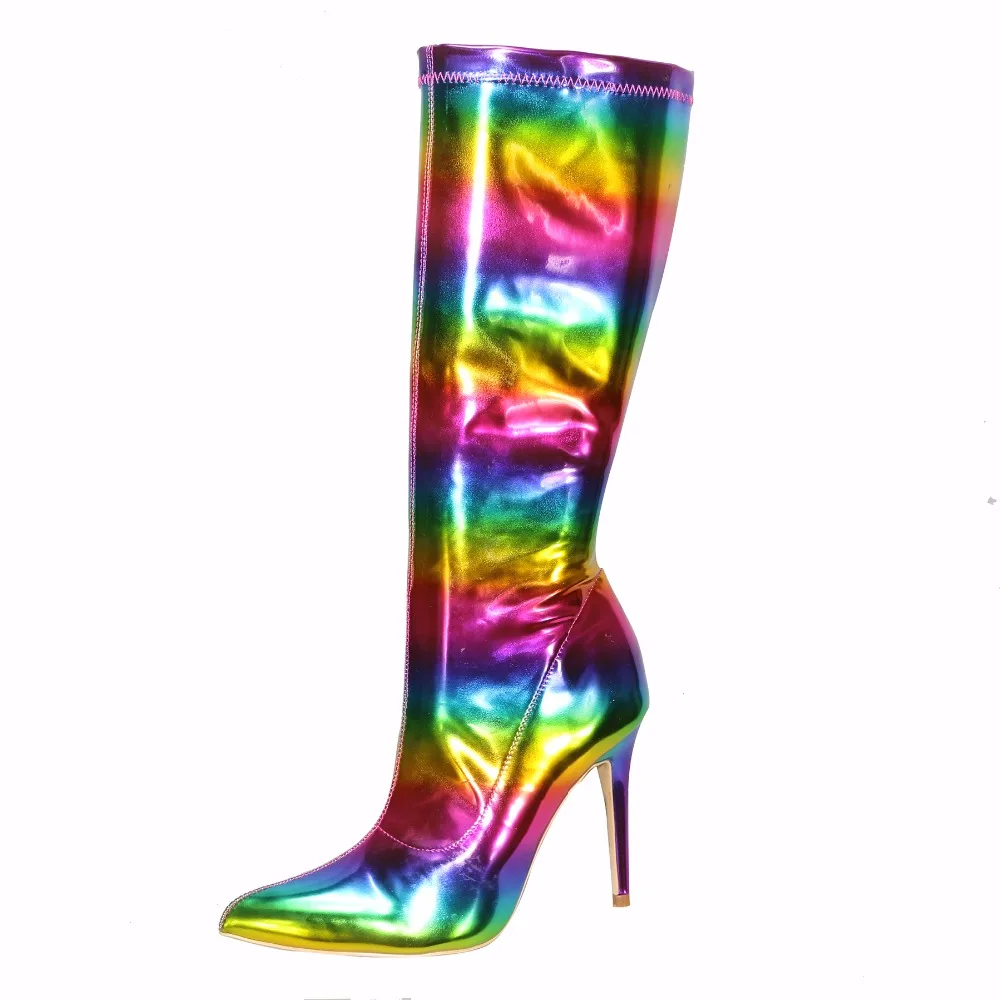 

Fashion Rainbow Mixed Colors Knee-High Boots 2018 New Pointed Toe Leather Patent T-stage Thin High Heels Women's Boots Size34-43