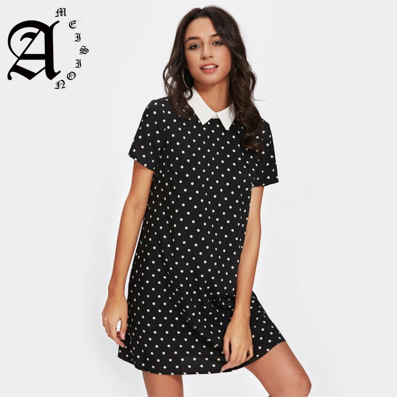 

Ameision Bohemian Contrast Collar Polka Dot Straight Dress Womens Black and White Short Sleeve Casual Summer femme Dresses