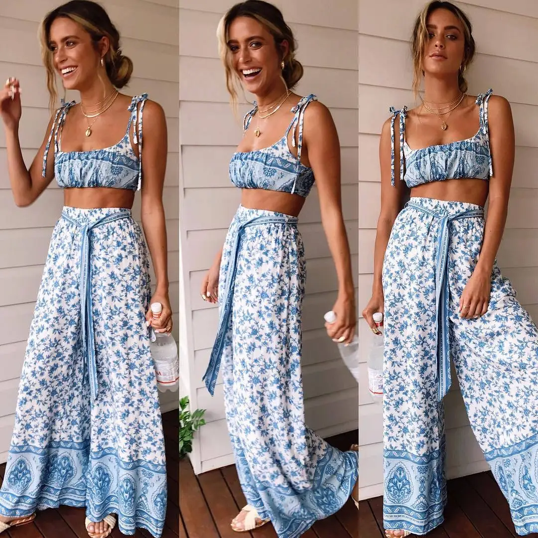 

Women Fashion Print Lace Up Casual Holiday Two Piece Set Lace Up Strapless Crop Top + Wide Leg Pants Summer Beach Outfits Suit
