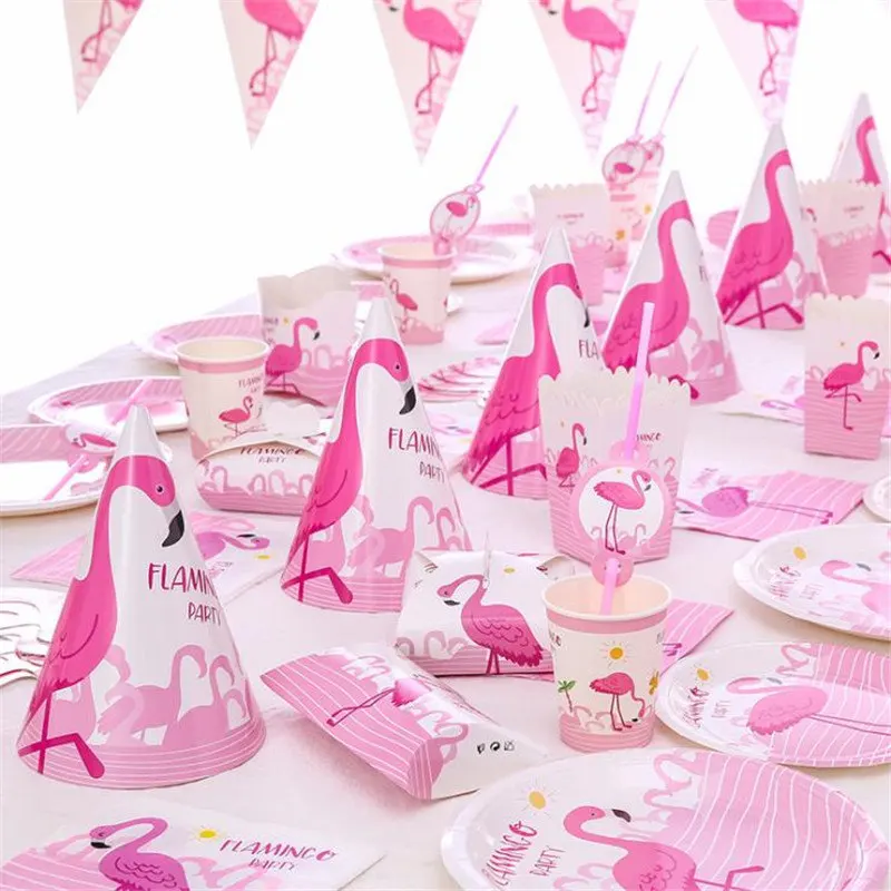  Birthday Decoration Cartoon Flamingo Party Kids Baby Shower Girl Flamingo Party Set Disposable Plat - 32973485570