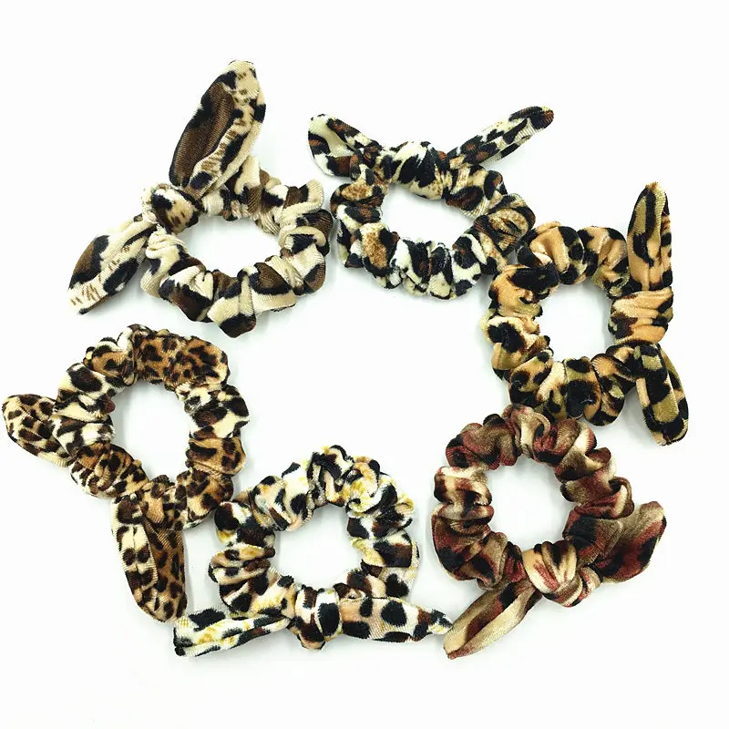 

2PCS Velvet Leopard Scrunchies Ponytail Holder Elastic Hair Band Bow Scrunchie Set Pack with Bunny Ear Headwear Hair Accessory