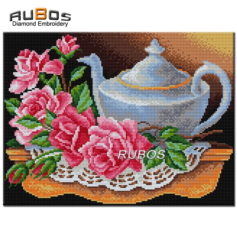 RUBOS 5D Diy Diamond Painting Cross Stitch Teapot Roses Full Diamond Embroidery Diamond Mosaic New Sale Craft Home Decoration (1)