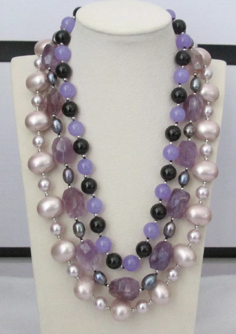 3row 20-23&quot amethyst black freshwater pearl +jade+ onyx shell necklace | Украшения и аксессуары