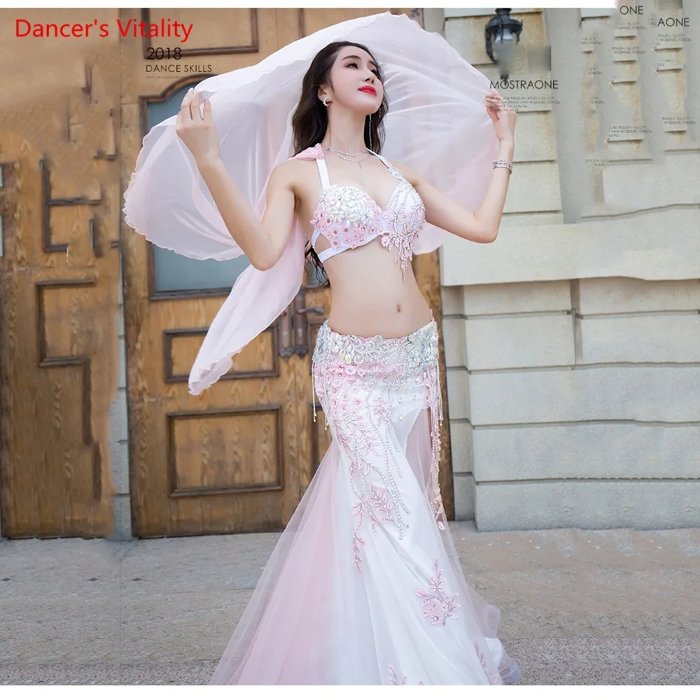 

Women Professional Custom Made Performance Belly Dance Show Costume Luxury Bra+sexy Long Skirt Dance Set Pink