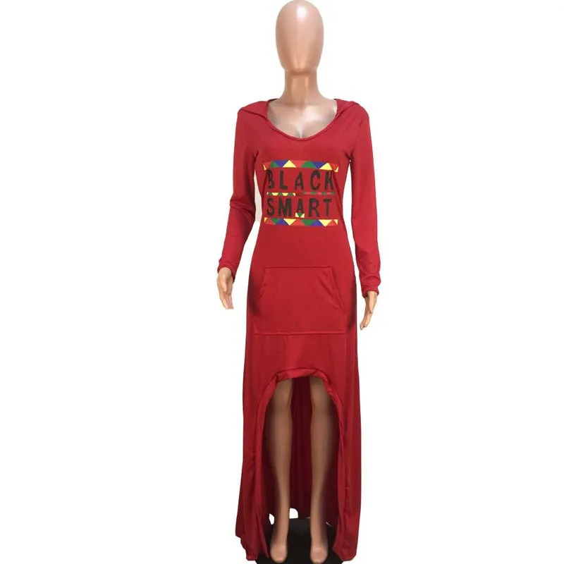 Африканская одежда женское повседневное Свободное платье с буквенным принтом с капюшоном и карманом Макси-платье халат хиппи африканская футболка платье для женщин - Цвет: Красный