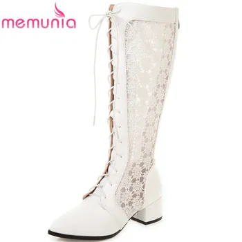 

MEMUNIA 2020 new arrival knee high boots women pointed toe lace summer boots zip cross tied square heels prom shoes woman