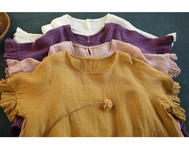 Johnature Женские винтажные одноцветные футболки с оборками летние новые хлопковые льняные футболки с коротким рукавом милые Стильные топы 4 цветов