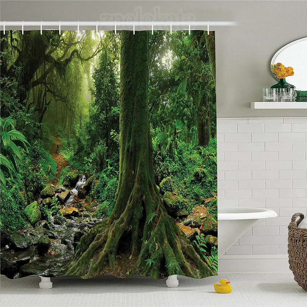 Apartment Decor Shower Curtain Rain Forest Scene with River in North