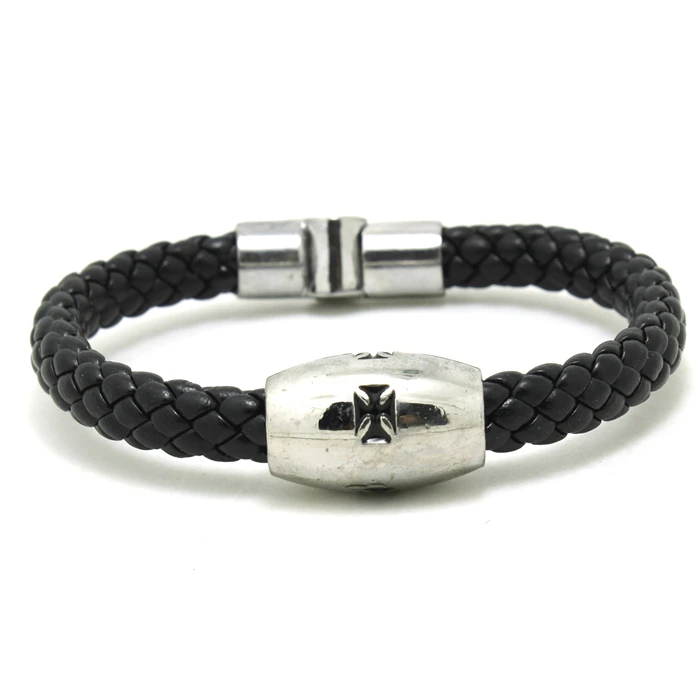 Wholesale Price Jesus Cross Biker Bracelet Genuine Leather&Titanium