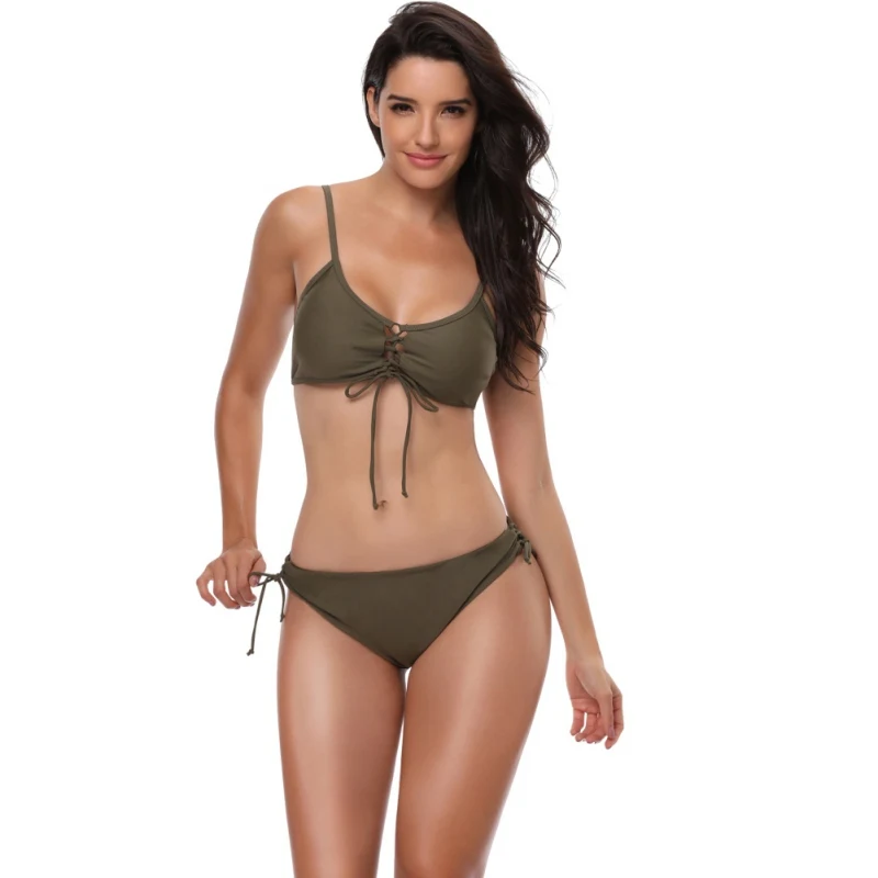 

Women Bikini Swinsuit Lace Up Swimwear Beach Bathing Suit Low Waist Bottom Lady Sexy Wire Free Padded Bra Swimsuit Mujer