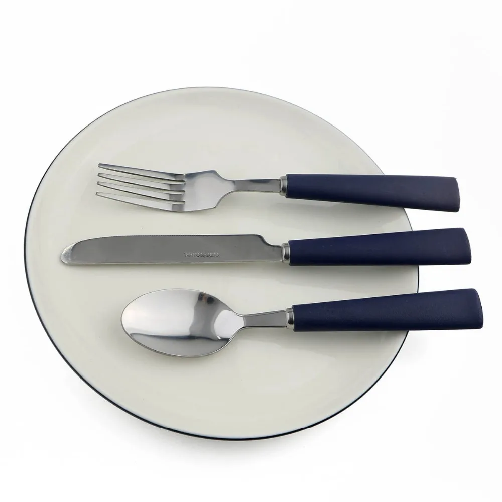 JANKNG 3 шт столовая посуда из нержавеющей стали набор экологически чистые пластиковые синие ручки для детей для школы и пикника Столовые приборы набор посуды