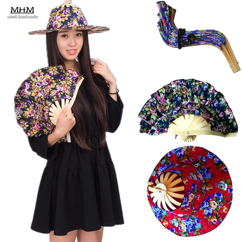 

Fashion Sun 1pc Hand Held Folding Fans Traveling Cap Summer Women Girl Hat Bamboo Dancing Fan Traveling-cap