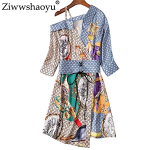 Ziwwshaoyu Модные платья с принтом Асимметричные пояса элегантное тонкое платье Весна и лето новые женские - Цвет: Многоцветный