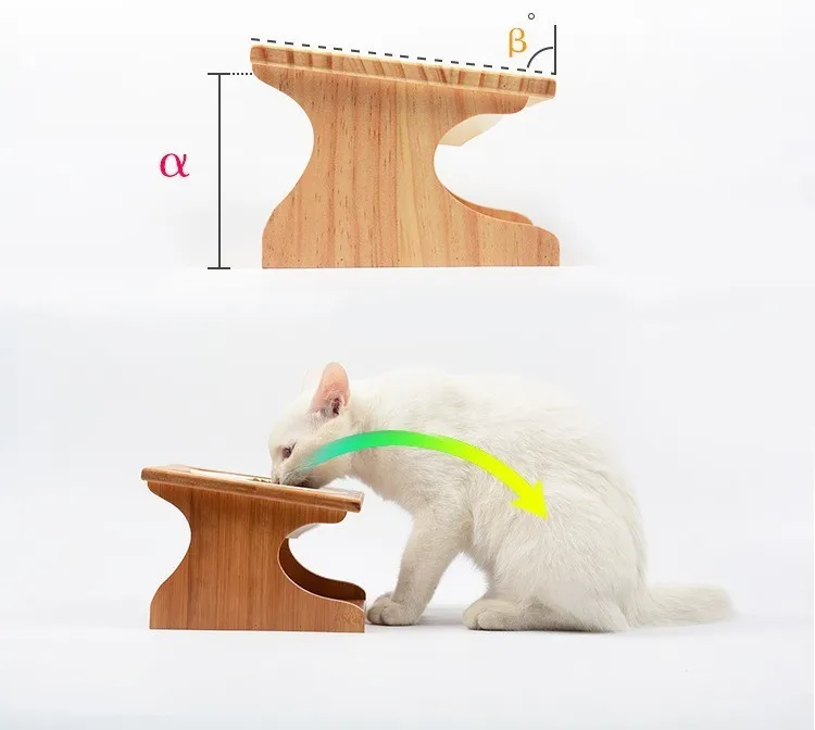 ПЭТ Деревянные наклонные кормушки ПЭТ противоскользящие Двойные керамические миски для кошек с наклонным основанием милые миски для домашних животных с бамбуковой подставкой CW120