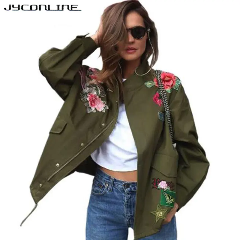 JYConline 2017 Basic Jacket Coat Women Army Green Floral Embroidery Bomber Jacket Patches Rivet Zipper Punk Women Jacket Outwear JYConline 2017 Basic Jacket Coat Women Army Green Floral Embroidery Bomber Jacket Patches Rivet Zipper Punk Women Jacket Outwear