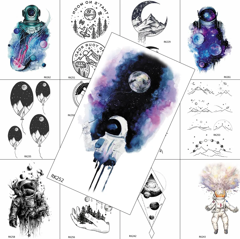

Watercolor Space Man Temporary Tattoos Kids Astronaut Sticker Moon Fake Washable Tattoo For Men Women Arm Body Art Tatoos