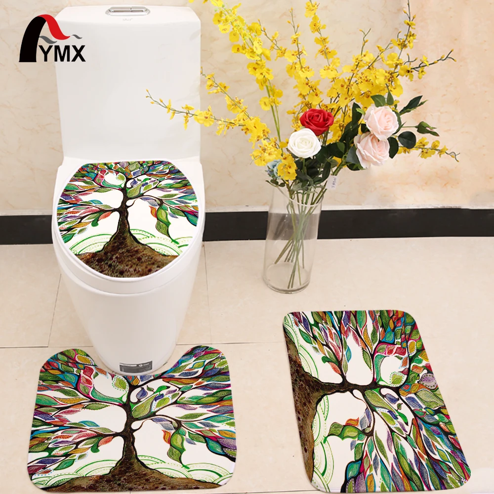 3pcs/set Colorful Tree Pattern Toilet Seat Cover Flannel Fabric Toilet
