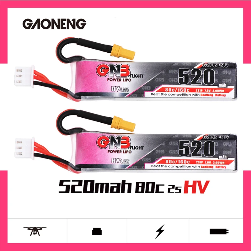 Preise 2PCS Gaoneng GNB Lipo Batterie 520mAh 7,6 V 80C 2S HV 4,35 V Wiederaufladbare RC Batterie XT30 stecker Für RC FPV Drone Quadcopter