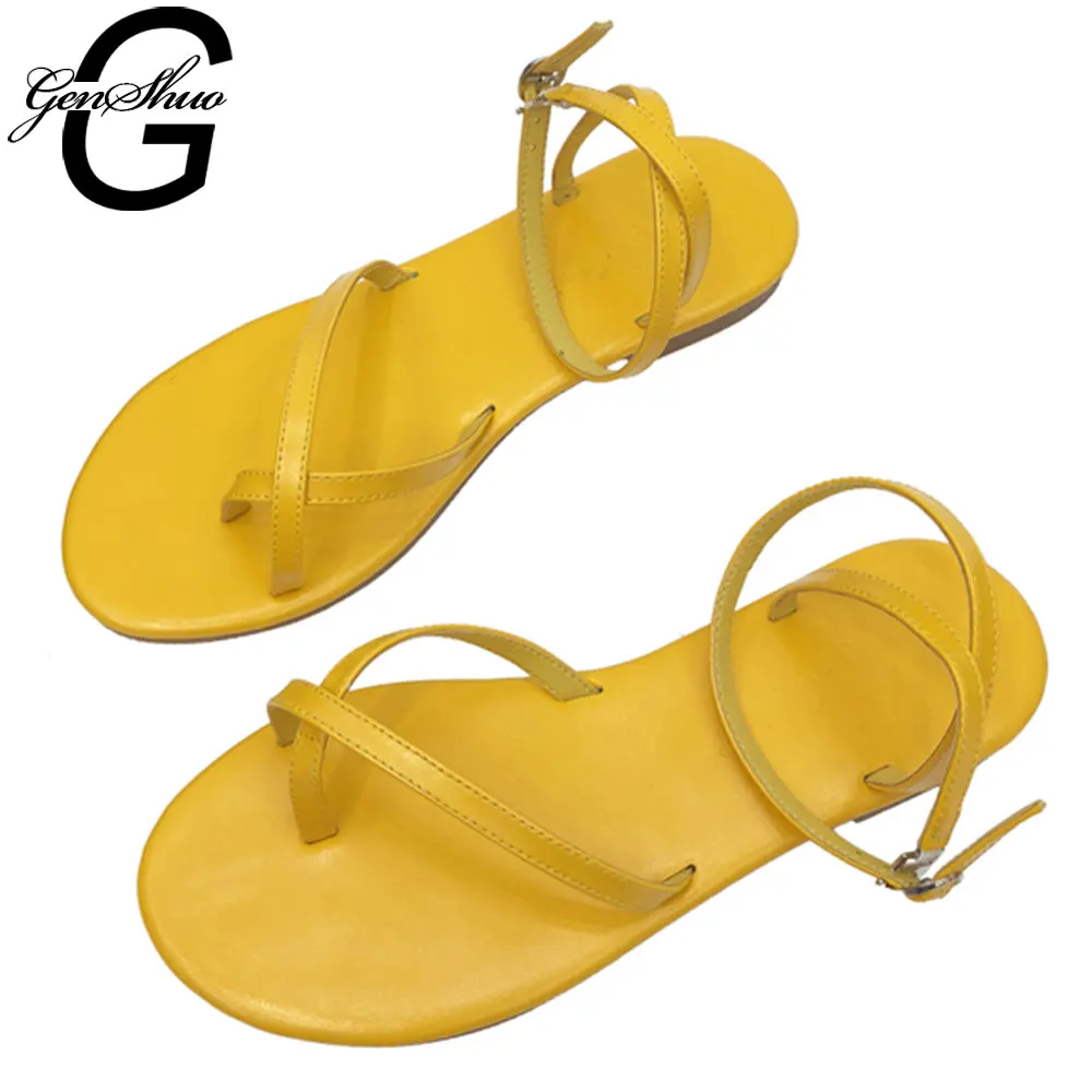 

GENSHUO Flat Shoes Women Cross-tied Narrow Band Gladiator Sandals Soft Leather Beach Shoes Summer Sandalias Mujer Female Zapatos