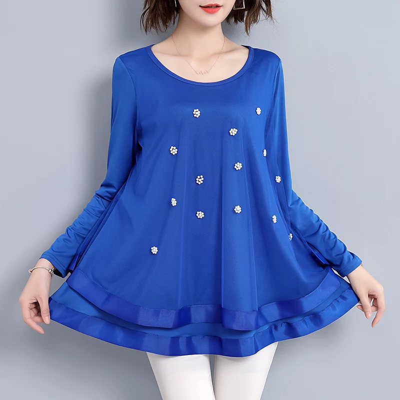 Кружевная блузка размера плюс 3XL 4XL 5XL, женские рубашки, модные кружевные лоскутные Свободные повседневные рубашки с длинным рукавом и бусинами, женские топы Blusa Mujer - Цвет: Синий