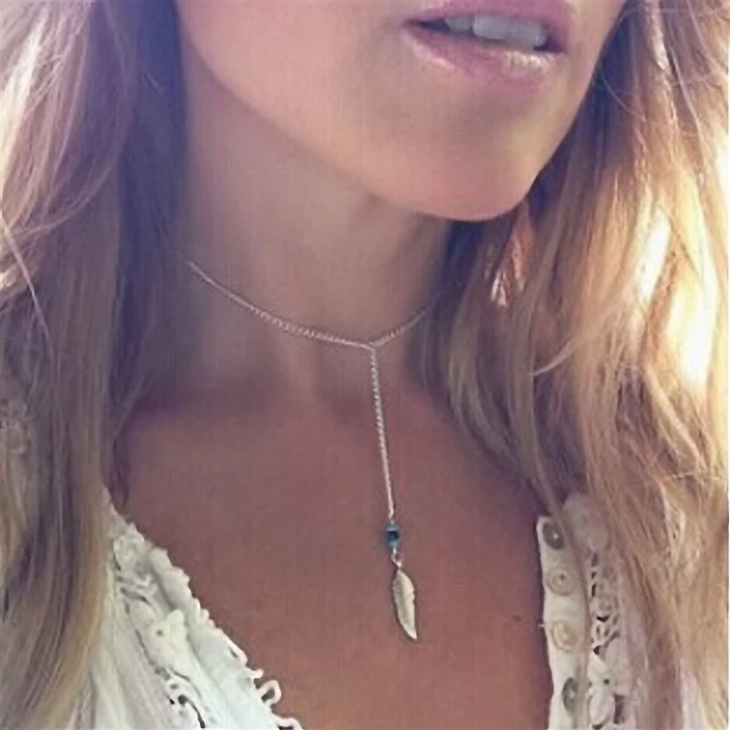 Women Bohemian Turquoise Feather Tassel Pendant Chain Statement Necklace Metal Simple for women jewelry party gift
